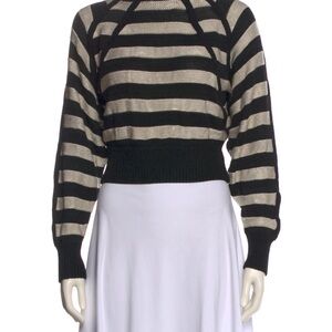 Frame Denim Black and Cream Striped Cropped Crewneck Sweater